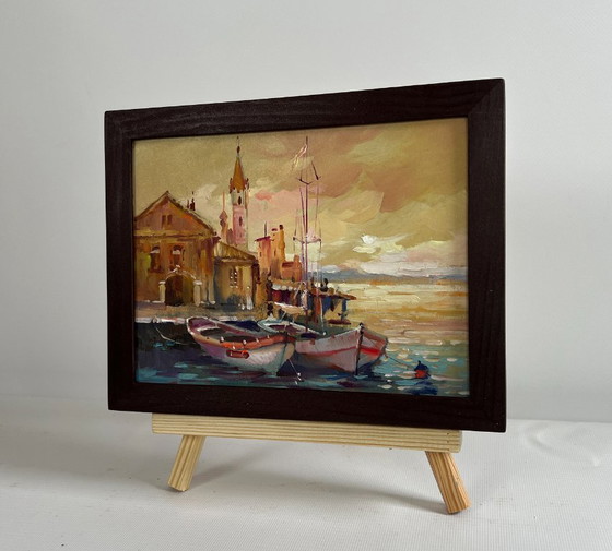 Image 1 of Original Oil Painting Coastal City Landscape The sun is sinking into the sea