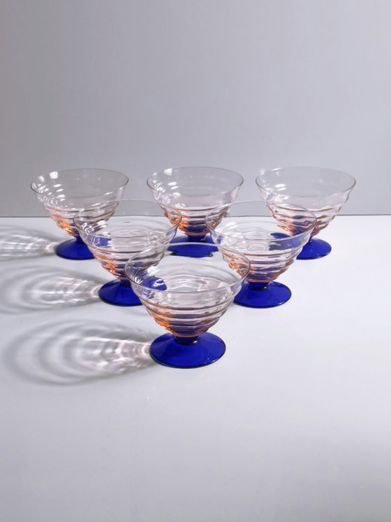 Image 1 of Art Deco Bowl Set Dessert Bowl Italy Empoli 1930s 1940s Cobalt Blue Rosalin Ice Cream Cup Glass Vintage 1980s