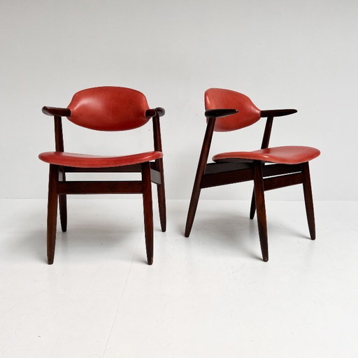 Roodkleurige lederen cowhorn chair, 1970's