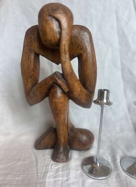 Image 1 of Houten beeld vintage années 70 70 de denker robuste groot