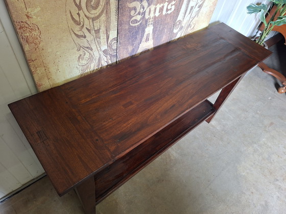 Image 1 of Colonial teak side table, hall table, wall console, minor damage to top, dimensions 140x40cm and 78 cm high