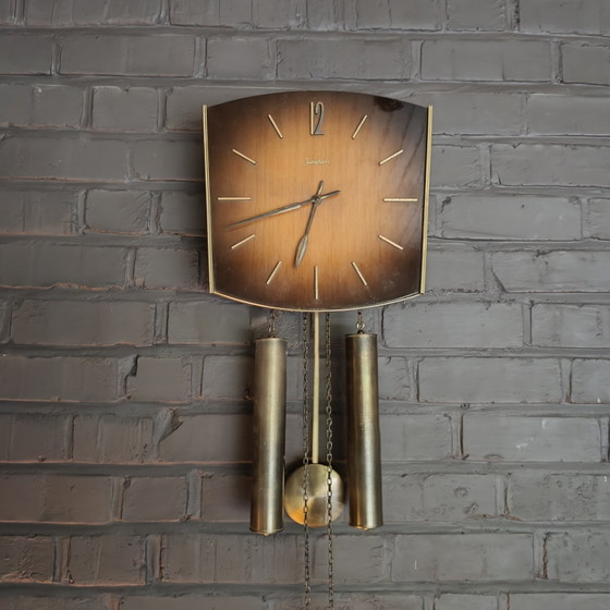 Image 1 of Vintage Junghans Mid-Century Wall Clock – German Brass Pendulum Clock