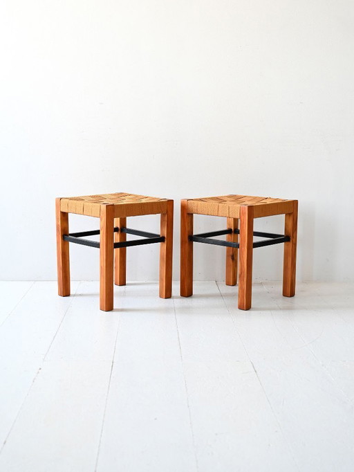 Pair of Scandinavian vinatge pine stools with woven seats
