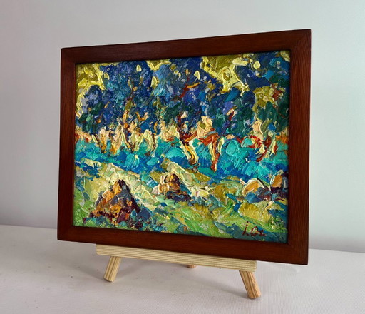 Original Oil Painting Evening Forest Landscape Light evening breeze