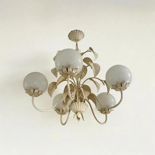 ¡Rareza! Lámpara colgante Art Nouveau original, cristal opal con motivo de hoja, 1920