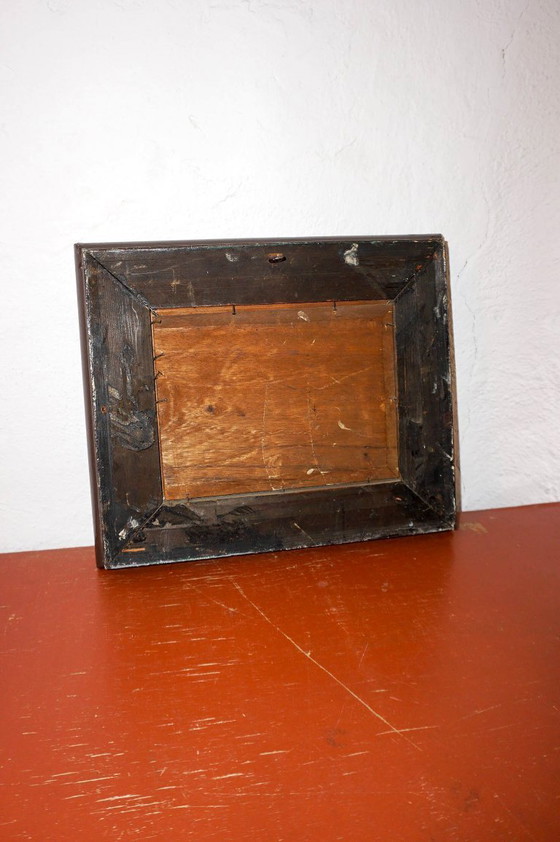 Image 1 of antique dutch windmill landscape oil painting * early 20th century * brown wooden frame * canal boat scene * farmhouse wall art