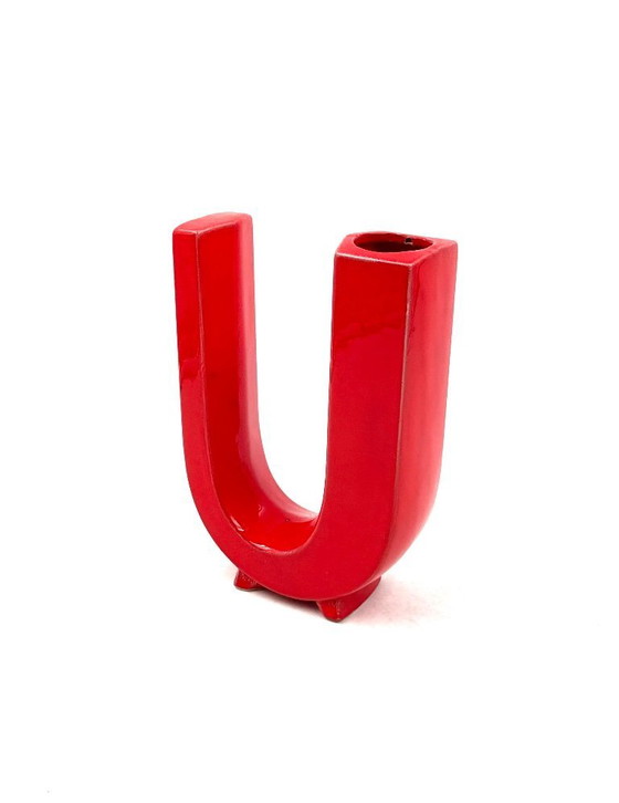 Image 1 of Jarrón solifleur de cerámica en forma de letra U roja de la era espacial, Marcel Radureau ca. 1970