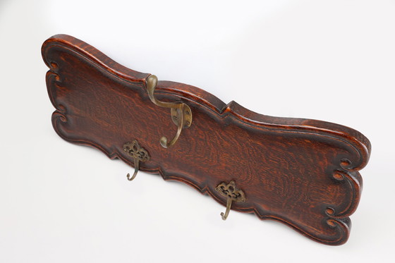 Image 1 of Art Nouveau Style Coat Rack in Oak with Brass Hooks, France ca. 1915