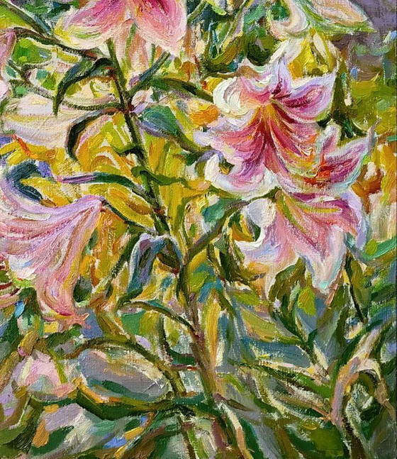 Original Oil Painting Nature Flowers Lilies Are Blooming – Paintings & Drawings, Canvas (photo 5 of 5)