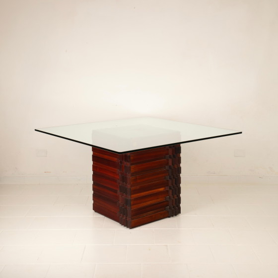 Table "Diamante" en padouk africain de style brutaliste par Luciano Frigerio avec plateau en verre, 1970 (photo 22 of 26)