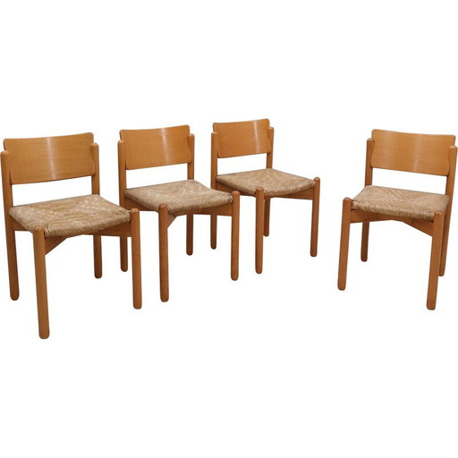 Set of 4 vintage wooden dining chairs with straw seat, 1970s