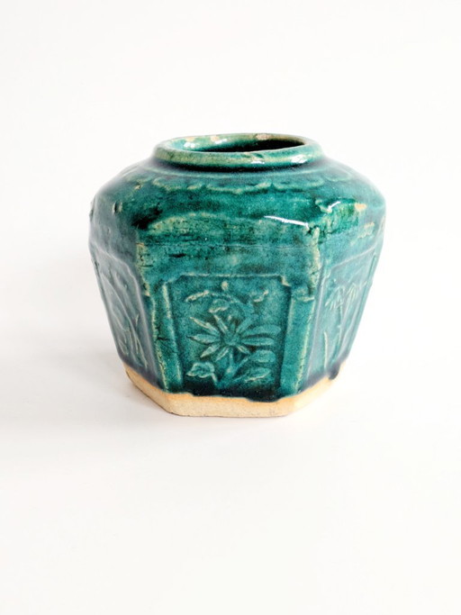 Vintage Chinese Shiwan Ginger Jar, Green Glazed Hexagonal Earthenware Vessel, Collectible