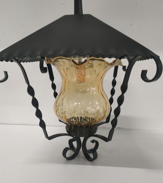 Image 1 of Massive lantern pendant lamp with amber ribbed glass