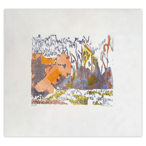 Monique PEHEM (BRETON-PROUTÉ) La Roccia Rossa Linoleografia firmata 1981