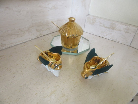 Image 1 of Limoges R. Montigny Porseleinen Kruidenset 4-delig Zout Peper Mosterd Spiegel Honing Bijen