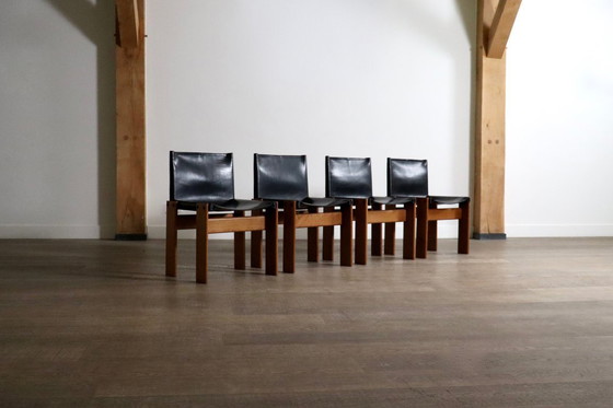 Image 1 of Set di 4 sedie da pranzo Monk in pelle nera Di Afra e Tobia Scarpa per Molteni 1974