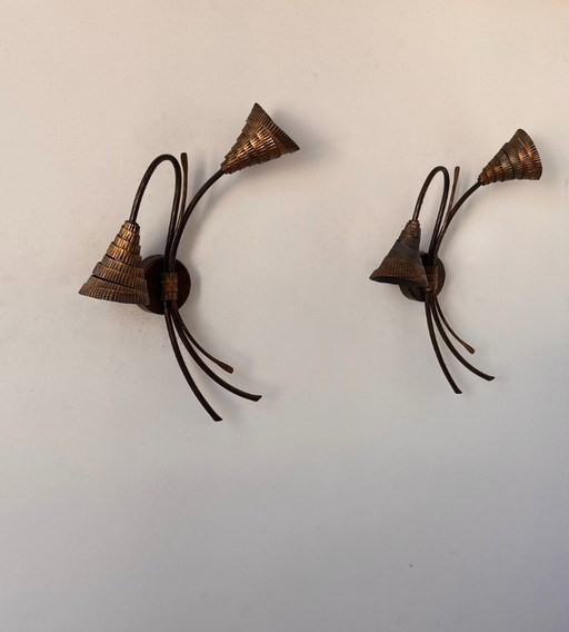 Pair of Vintage Gilded Metal and Brass Wall Lights, France 1980