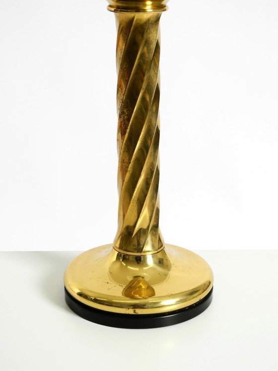 Image 1 of Large 1960s brass column-style table lamp with frosted glass globe