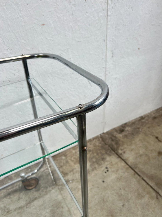 Image 1 of Vintage Chrome Art Deco Trolley with Glass Shelves, Netherlands 1930s