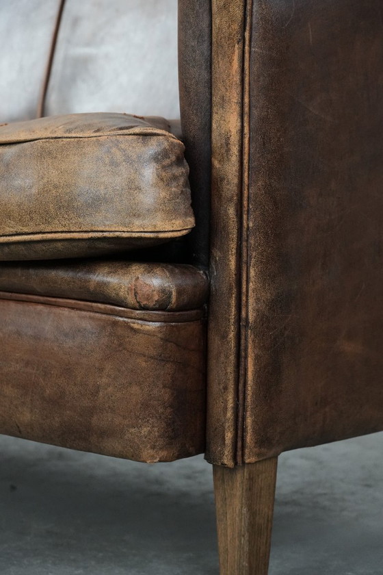 Image 1 of Vintage 2 zits bank gemaakt van cognac kleurig schapenleer in Engelse stijl