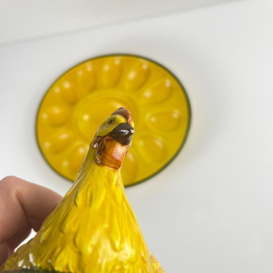 Image 1 of Yellow ceramic egg plate/display stand with hen, 20th century.