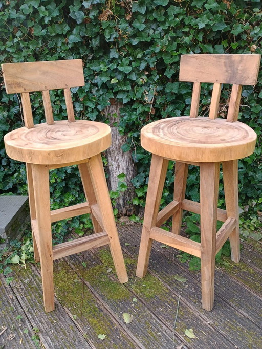 2x teak bar stools with backs