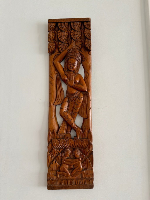 Hand-Carved Wooden Wall Panel – Apsara & Lovers – 56 cm – wanddecoratie (photo 2 of 7)