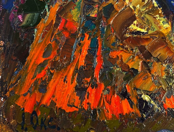 Image 1 of Original Oil Painting Night Village Landscape Stars twinkle in a calm sky