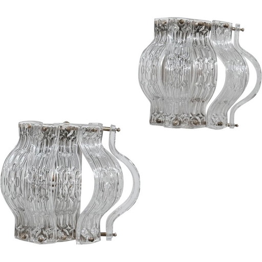 Pair of vintage glass and metal wall lamp, Italy 1970