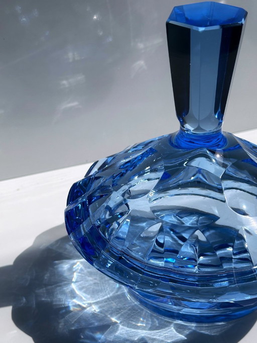 Vintage Art Deco Bonbonnière des années 30 Cristal Bleu Prisme Biseauté Boîte à couvercle