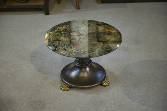 Image 1 of Neo-classical cast iron and verre églomisé coffee table, 1940s