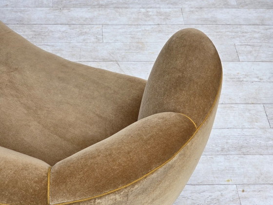 Image 1 of 1960s, Danish "Banana" 2-seater sofa, green furniture velour, oak wood.