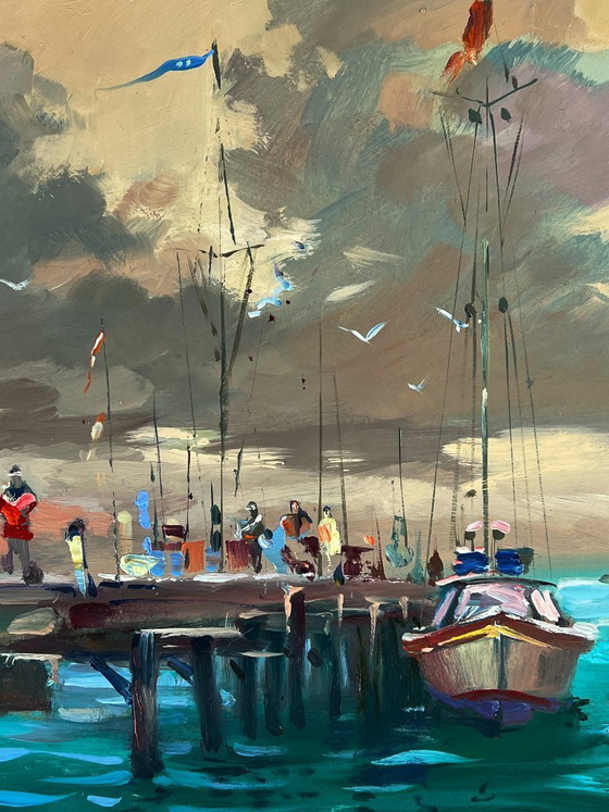 Image 1 of Peinture à l'huile originale représentant un paysage marin avec des yachts et des bateaux au quai