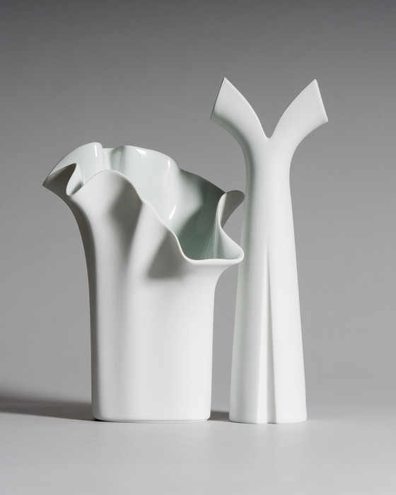 Image 1 of Rosenthal Duo: Sculptural White Porcelain Icons by Lino Sabattini candleholder & Claus Josef Riedel Tulip Vase
