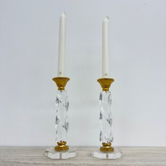 Image 1 of Set of 2 lucite twisted candle sticks, 1970’s