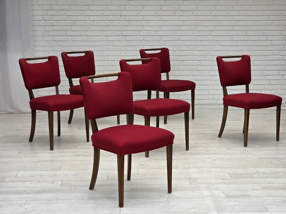 Image 1 of 1960, set van 6 Deense eetkamerstoelen van Slagelse Møbelværk, meubelwol, beukenhout.