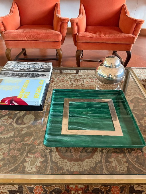 Hollywood regency malachite effect resin & brass tray, Italy 1970s