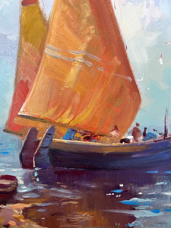 Image 1 of Peinture à l'huile originale représentant un paysage marin côtier. Bateau solitaire dans les vagues.
