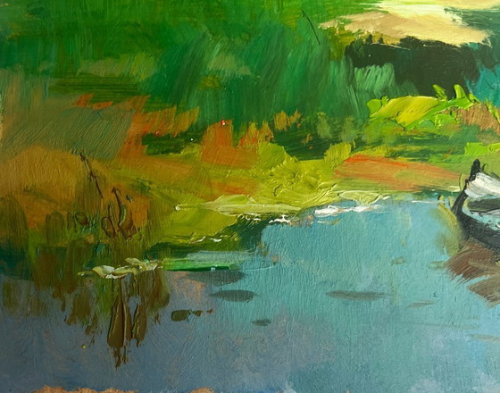 Image 1 of Peinture à l'huile originale représentant un paysage lacustre côtier. Temps chaud idéal pour la pêche.