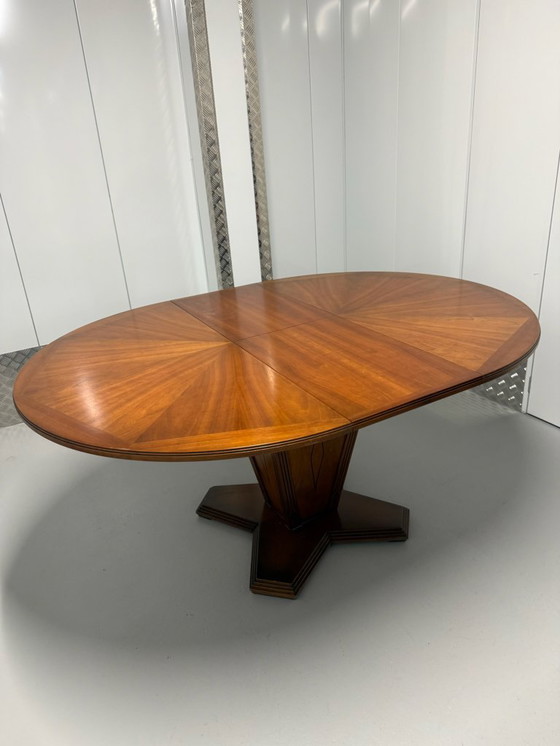 Image 1 of Ausziehbarer runder Esstisch im Art-Deco-Stil mit Sonnenmusterfurnier