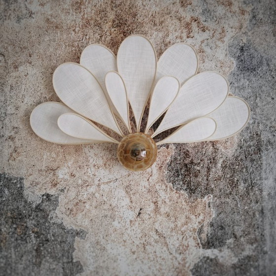 Image 1 of Art Deco wall sconce, 11 petals in rattan and linen (customizable shade)