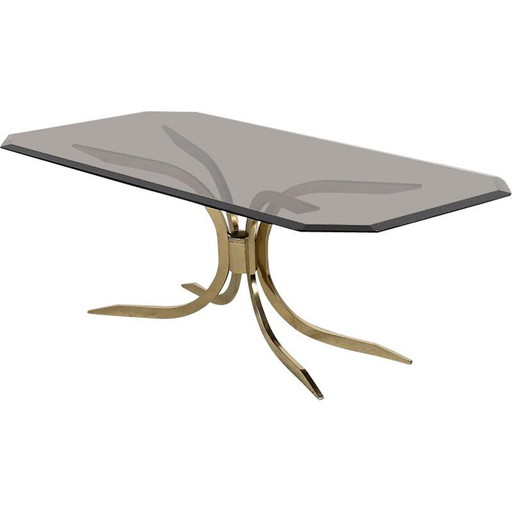 Table basse vintage en laiton et verre fumé foncé, 1970