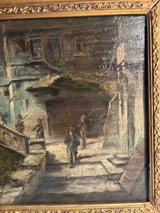 Oil Painting on Board of Soldiers in an Urban Landscape Late 1800s – Paintings & Drawings (photo 5 of 12)