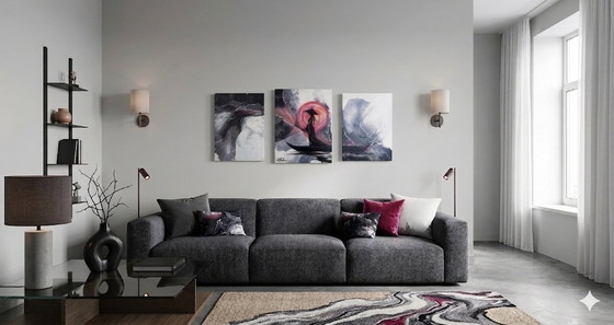 Image 1 of Modern and Contemporary Living Room Furniture, Minimalist Style. Triptych, 3-Piece Decorative Painting