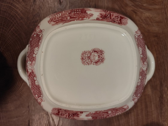 Image 1 of Antieke soepterrine, Old England, Cambridge Royal Swan / Engeland – Rood en wit – Vintage servies