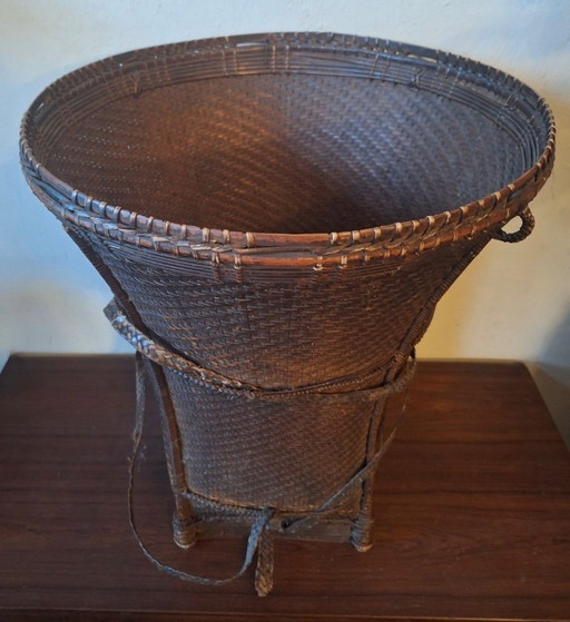 Antique Laos Khmu Tribal Hand Woven Carrying Basket