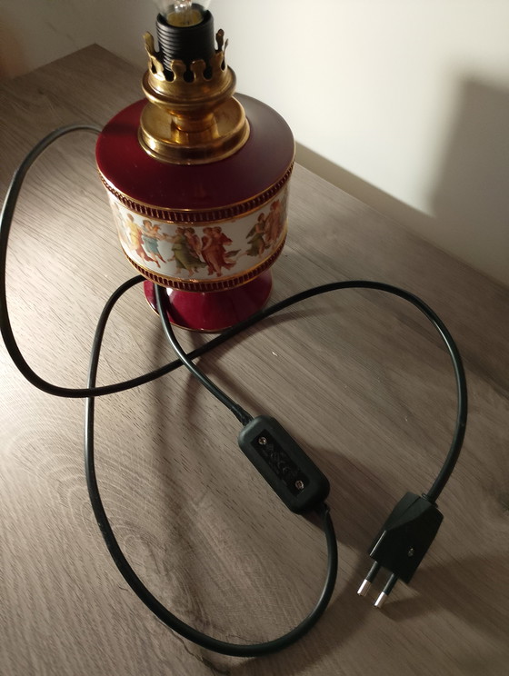 Image 1 of Florentine porcelain lamp in burgundy and gold, signed and numbered, Italy, restored.