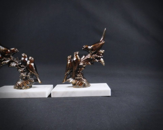 Image 1 of Pair of regule and marble bird sculpture bookends signed Frécourt art deco