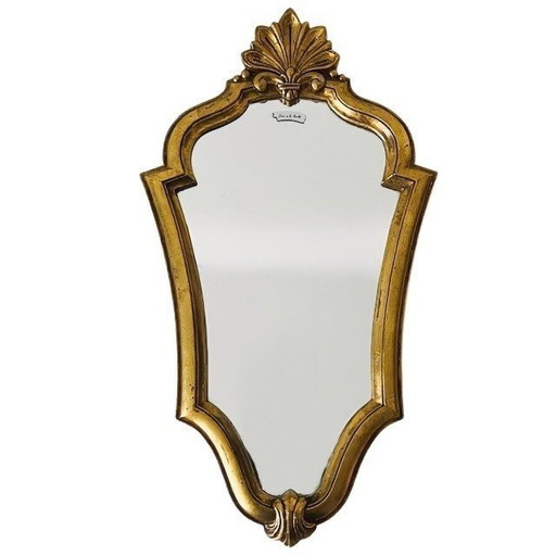 Specchio barocco vintage con stemma dorato di metà secolo e foglia d'oro, anni '50