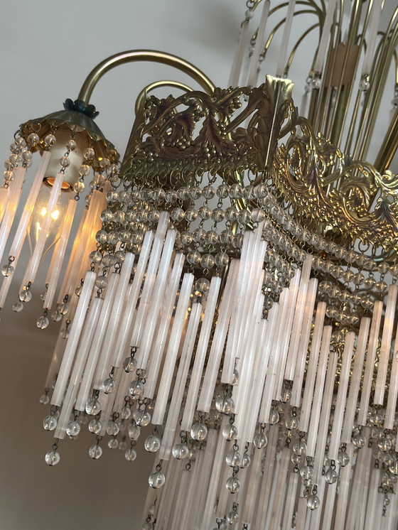 Image 1 of Vintage xl pink opaline rod chandelier pendant lamp art deco style